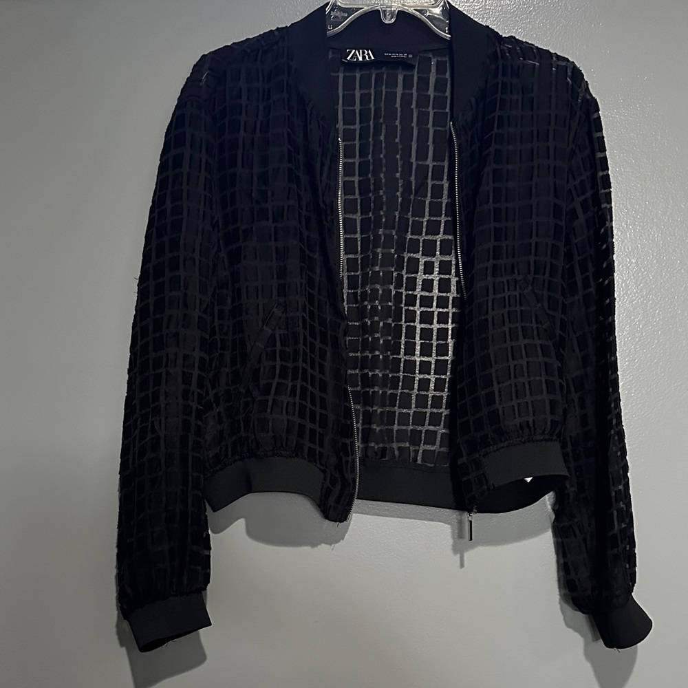 Zara Black Grid Pattern Bomber Jacket